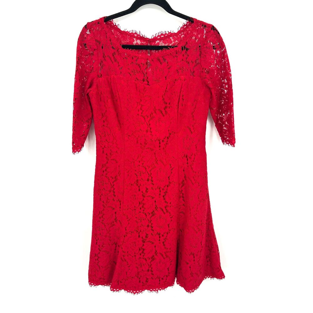 ELIZA J Womens Red Floral Lace Fit Flare Formal Cocktail Dress 3/4 Sleeve Size 6